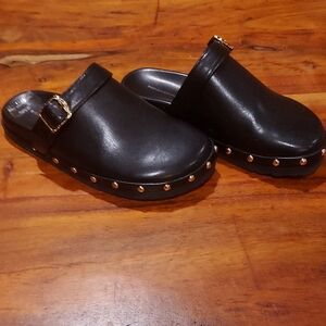 Black faux leather clogs with Gold Accents